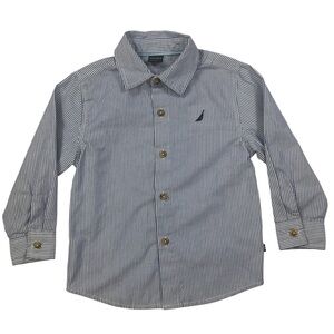 Nautica Toddler Boys Blue White Pin Striped Button Front Shirt | Size 3T